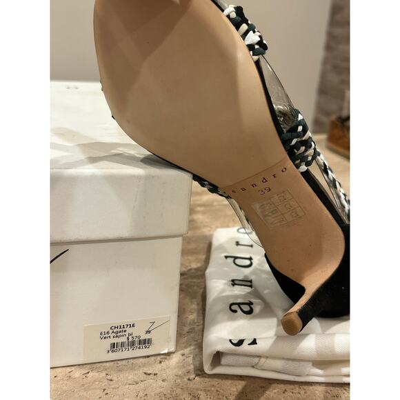 NEW Sandro Agate Vert Sapin Green Black Woven Strap Open Toe Heel Sandal 39 - Picture 10 of 10